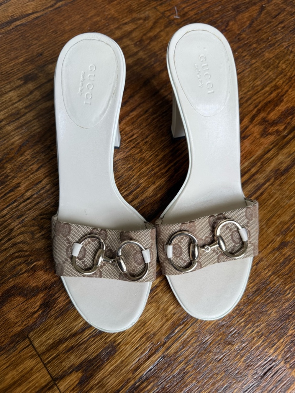 Gucci Beige GG Canvas Horsebit Heeled Mules